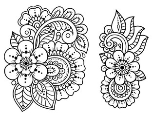 Set of Mehndi flower pattern for Henna drawing and tattoo. Decoration in ethnic oriental, Indian style. Doodle ornament. Outline hand draw vector illustration.