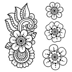 Set of Mehndi flower pattern for Henna drawing and tattoo. Decoration in ethnic oriental, Indian style. Doodle ornament. Outline hand draw vector illustration.