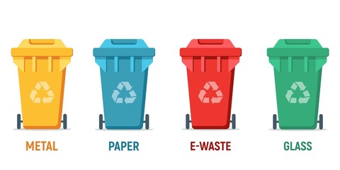 garbage cans with sorted garbage vector icons. Container dustbin for paper, plastic, glass, e-waste in flat style. Separation of waste cans for recycling. Colored waste bins. Waste management concept