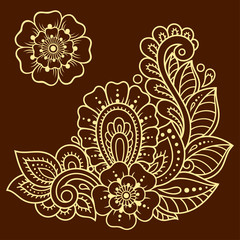 Set of Mehndi flower pattern for Henna drawing and tattoo. Decoration in ethnic oriental, Indian style. Doodle ornament. Outline hand draw vector illustration.