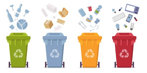 garbage cans with sorted garbage vector icons. Container dustbin for paper, plastic, glass, e-waste in flat style. Separation of waste cans for recycling. Colored waste bins. Waste management concept