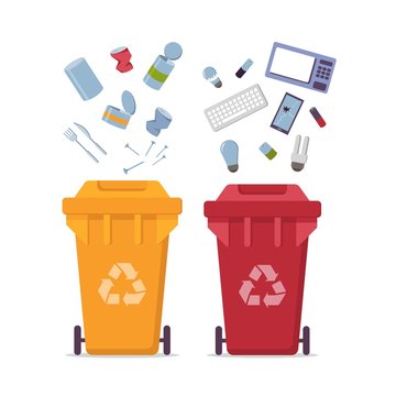 Yellow recycle garbage bin for metal and red for e-waste set. For banner, flyer. Separation of waste can for recycling, reuse, reduce. Throw away the glass and metal in correct trash can. Less waste