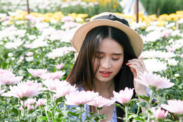 Portrait young beautiful asian woman in blue dress relaxing at chrysanthemum flower field