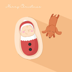 Cute Baby Sleeping with puppy. Merry Christmas Illustration  