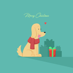 Fototapeta premium Cute Dog Looking to a Christmas Present. Christmas Illustration