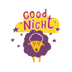 Good night. Caricature sheep with lettering, stars, cloud. Colorful flat vector illustration. Hand drawing for children. baby design for cards, print