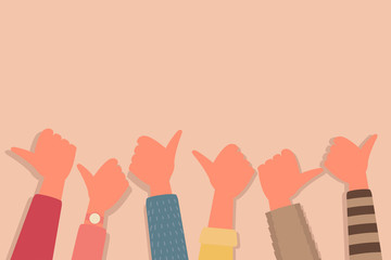 young people hands thumb up together, unity teamwork, community, cooperation, and partnership support concept. flat cartoon vector illustration