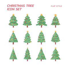 collection set of Christmas trees isolated on white background with star and colorful balls, flat vector illustration