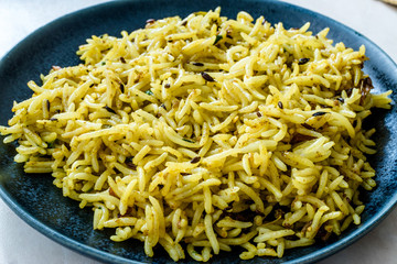 Indian Food Yellow Curry Jeera Zira Rice Basmati Pilaf or Pilav.