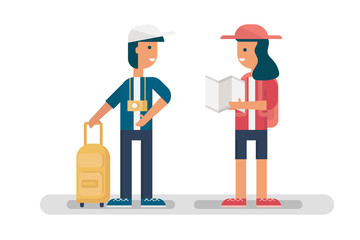 two happy young backpacker with map, camera and luggage travel on road trip head on theirs destination on holiday. cartoon character flat design vector illustration style.