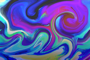 Colorful mix of liquid paints of blue, purple, yellow, green and white colors. Creamy texture. Abstract llustration.