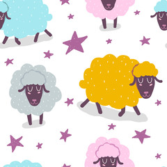 Seamless pattern with cartoon sheep, stars, decor elements. flat vector. Colorful hand drawing for kids. baby design for fabric, print, wrapper, textile