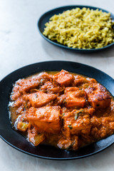 Indian Food Paneer Butter Tikka Masala / Cheese Cottage Curry and Jeera Zira Rice Basmati Pilaf or Pilav.