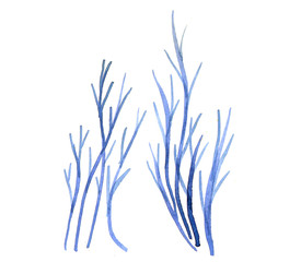 Watercolor abstract blue branches. Hand made botanical illustration. Nature elements for design and scrapbooking. Isolated on white background.