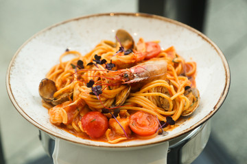 Seafood pasta with tomato sauce