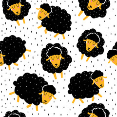 Seamless pattern with cartoon sheep, decor elements. flat vector. Colorful hand drawing for kids. baby design for fabric, print, wrapper, textile