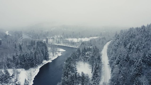 Foggy Winter Landscape - Drone Flying  - 4K - Mountains - River