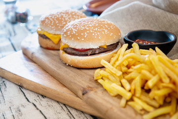 Cheese burger - American cheese burger with Golden French fries