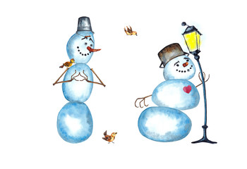 Two funny snowmen and sparrows in romantic mood, smiling and telling about love to street light. Watercolor hand painted isolated elements on white background. Cartoon style.