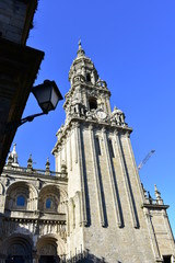 Fototapeta na wymiar Cathedral, baroque clock tower and Platerias romanesque facade. Santiago de Compostela, Spain.