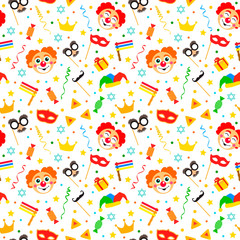 Happy Purim Jewish festival endless background, texture, wallpaper. seamless pattern with carnival elements