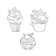 Set cupcake in vector. Symbol of celebration isolated on white background. Wedding cake in art line. Hand drawn. Sweets for Valentine's day, birthday. Festive food icon. Continuous line.
