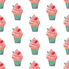 Seamless pattern cartoon cakes in vector. Hand drawn dessert in vintage style. Cap cake with cream and cherry. Sweet food isolated on white background. Color illustration. Design for the menu.