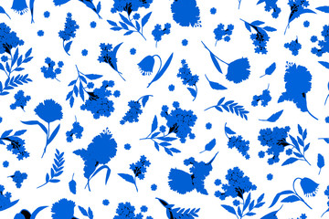 Fototapeta na wymiar Trendy bright Floral pattern in the many kind of flowers. Botanical Motifs scattered random. Seamless vector texture. For fashions. Blue silhouettes of a shadow of plants.