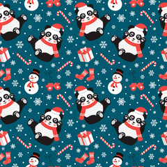 Cute christmas seamless pattern with panda, candy, snowflakes, snowman, mittens and socks. Vector illustration