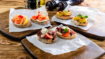 Delicious bruschettas. Healthy breakfast.