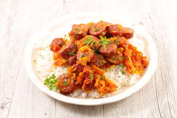 rougail saucisse, creole dish with sausage, tomato sauce and spice with rice