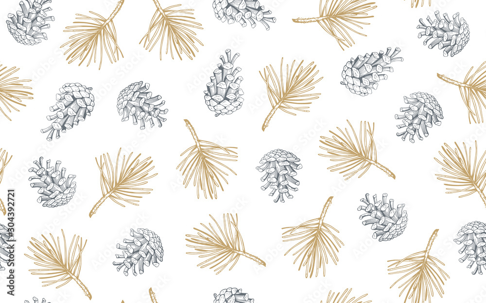 Wall mural hand drawn seamless pattern with pine cones and branches. vector