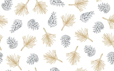 Papier Peint photo Motifs de Noël Modèle sans couture dessiné à la main avec des pommes de pin et des branches. Vecteur