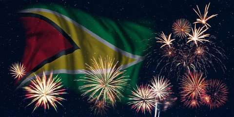 Fireworks and flag of Guyana