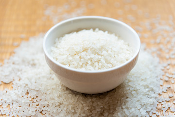 Beautiful japanese rice on japanese mat,round rice grain
