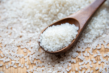 Beautiful japanese rice on japanese mat,round rice grain