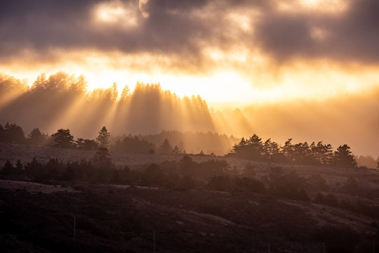 Sun beaming on hills with trees