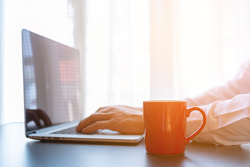 working at a laptop developer's hands on a laptop with cup of coffe