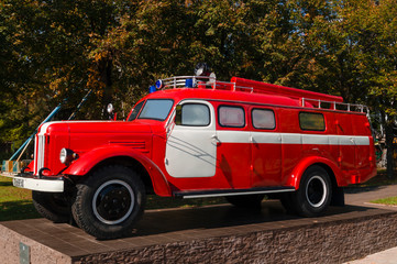 Old fire truck. Red car