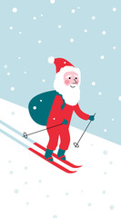 Simple New year Christmas greeting postcard with cute skiing Santa