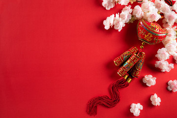 Chinese new year festival decorations pow or red packet, orange and gold ingots or golden lump on a...