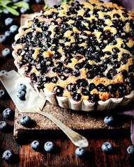 Cake with blueberries on a dark wooden background, still life