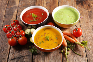 vegetable soup, carrot soup- tomato soup and zucchini soup