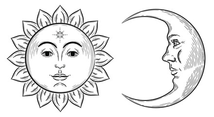Vector hand drawn illustration of sun and moon symbols, sketch style. Boho flash tattoo design sun and crescent moon, moon rituals 