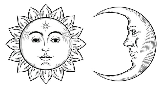 Vector Hand Drawn Illustration Of Sun And Moon Symbols Sketch Style Boho Flash Tattoo Design Sun And Crescent Moon Moon Rituals Stock Vector Adobe Stock