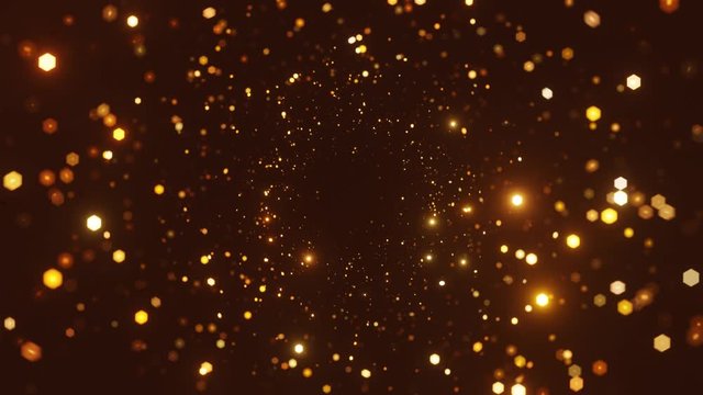 Abstract motion background shining gold particles. Shimmering Glittering Particles With Bokeh. Seamless 4K loop video	
