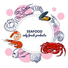 Set of the different seafood elements, vector illustration sketch style