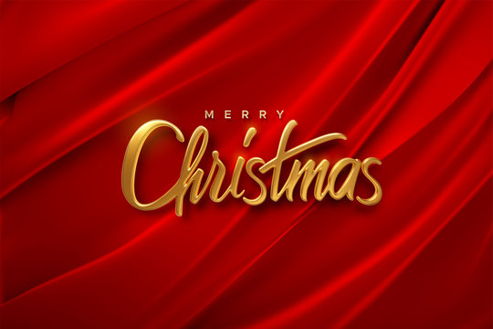 Merry Christmas. Vector holiday illustration. Golden 3d lettering. Realistic shiny sign on red folded fabric background. Festive religious event banner. Decorative element for Xmas cover design