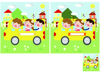 Obraz na płótnie Canvas Children's puzzles, find 10 differences. Educational game for children. children go to nature on a yellow bus to celebrate their birthday