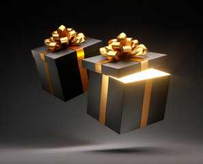 Offene leuchtende und geschlossene Geschenkbox Gold Schwarz